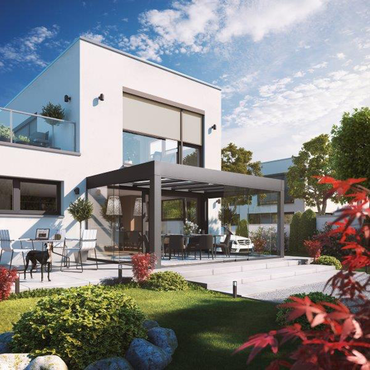 Modernes kubisches Terrassendach mit integrierter LED-Beleuchtung